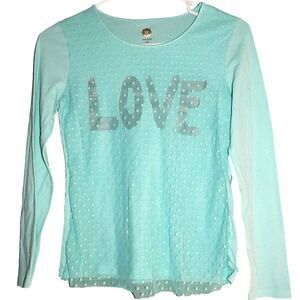 TOTAL GIRL girls size 16 teal light blue-green love long sleeve shirt top blouse